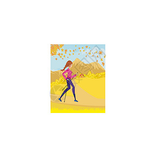 北欧步行活跃女性户外运动活动力量树叶跑步青少年闲暇房子插图女孩娱乐青年图片
