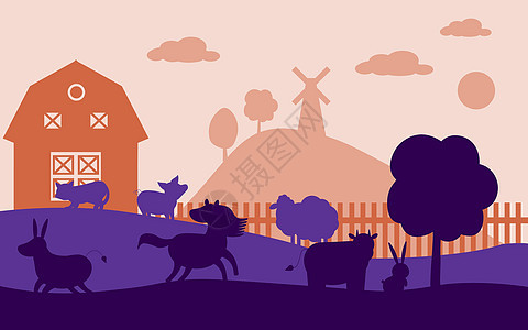 农场动物的剪影 与牛 马和猪的乡村景观 海报的村庄全景 农舍和牲畜 矢量图 Eps图片