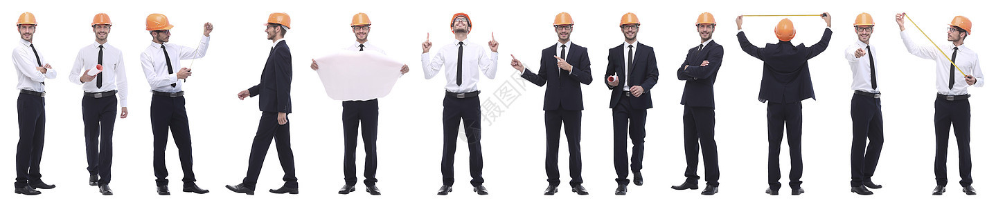 以白色为孤立位置的自信建筑师 在全天幅光照片拼贴图全景工作职业微笑安全帽愿望领班男性经理男人图片