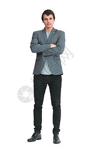 一个穿着临时服装 微笑着笑容的青年男子夹克服饰职业男性购物工作室衣柜时尚快乐广告牌图片