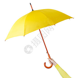 手握着白背景孤立的黄雨伞图片
