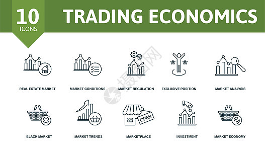 贸易经济学设置图标 可编辑图标交易经济学主题 如房地产市场 市场监管 市场分析等信用生长办公室网络硬币帐户网站库存金融银行图片