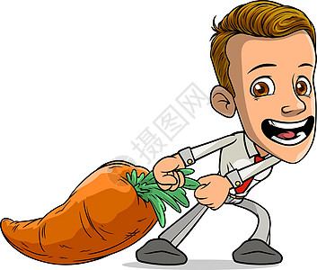 卡通微笑的男孩角色 拖着大胡萝卜图片
