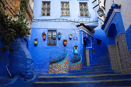 摩洛哥厨师街 摩洛哥建筑学蓝色城市文化楼梯麦地地标建筑街道遗产图片