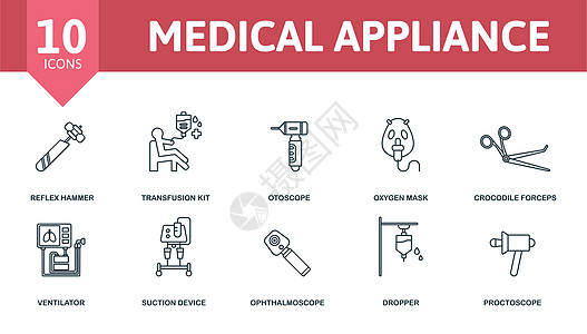 医疗器具设置图标 可编辑图标医疗器械主题 如反射锤 耳镜 鳄鱼钳等运输网络酒店科学商业婴儿音乐家电办公室牙科图片