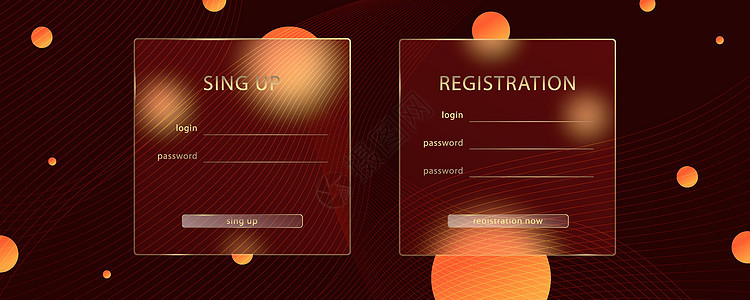 玻璃态射效应 透明磨砂亚克力卡片 订阅登录表单 深棕色背景上的橙黄色渐变圆圈 逼真的玻璃形态哑光有机玻璃形状 向量蓝色媒体海报社背景图片
