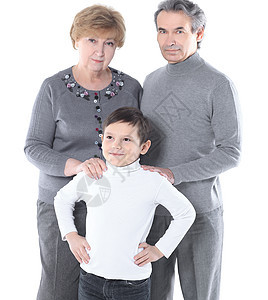祖父外祖母和孙子的家族照片 以白种背景孤立在一起图片