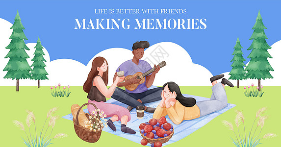 带有友情记忆概念 水彩色风格的Facebook模板快乐友谊派对插图男性公司女孩会议同学聚会图片