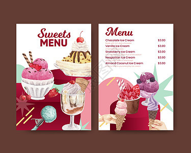 具有冰淇淋风味概念 水彩风格的菜单模板卡通片咖啡店食物甜点水果鞭打锥体绘画插图巧克力图片