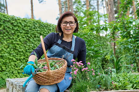 中年女性在花园里照看花盆的肖像 女性正在看相机绿化工作闲暇花坛活动土壤生长园林女士园丁图片