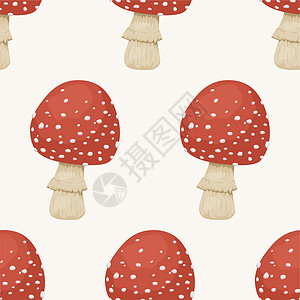 矢量无缝模式与有毒的不可食用的蘑菇 手绘卡通红蝇木耳蘑菇上白色孤立 毒蝇伞 飞木耳蘑菇毒蘑菇死帽义者孩子们插图卡通片蔬菜织物伞菌图片
