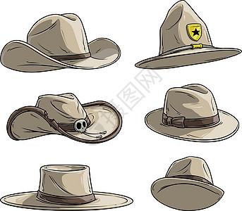 不同的卡通顶盖和帽子矢量图标集牛仔丝绸犯罪星星皮革治安护林员插图荒野圆柱图片