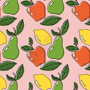 手绘梨柠檬 苹果 叶子和梨矢量线艺术无缝图案 用于纺织品印花 卡片 设计 线条艺术风格水果矢量 具有无缝背景图的水果图案设计图片