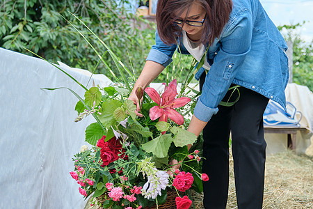 花店女花商在户外的篮子里安排花朵装潢师插花植物柳条工作作品风格花束植物群植物学图片