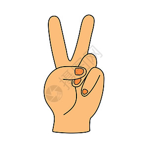 手用两个手指在和平或胜利的象征 用手语签署 V 字母 剪刀手势 孤立在白色背景上的矢量图解 嬉皮复古贴纸图片