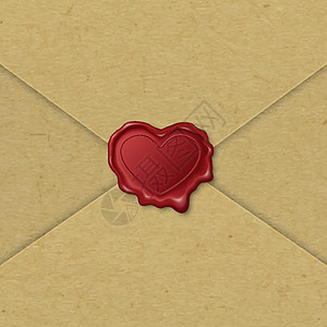 矢量 3d 逼真的心形红色邮票 蜡封 棕色纸信封特写 密封蜡 邮票 质量证书标签 文件 信件 信封隔离 情人节 爱情观图片