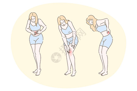患有肌肉疼痛关节损伤疼痛疾病概念药品卡通片腹部手臂女士身体解剖学伤害膝盖创伤图片