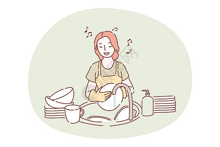 洗碗 家务工作 清洁概念洗涤女佣垫圈打扫房子家庭家政厨房妻子卡通片图片