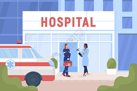 医院大楼附近的医生使用街道平板彩色矢量插图图片