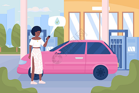 在城市加油站有移动电话的妇女 平板彩色矢量插图图片