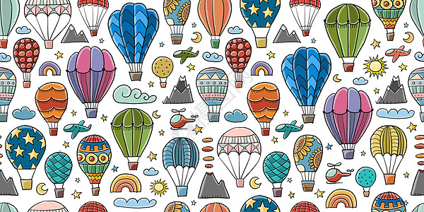 色彩多彩的热气球库 您设计的无缝模式卡通片生日草图旅行航班空气山脉自由篮子孩子图片