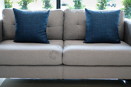 客厅沙发沙发家具上的蓝布枕头风格织物长椅房间装饰窗户座位家庭闲暇图片
