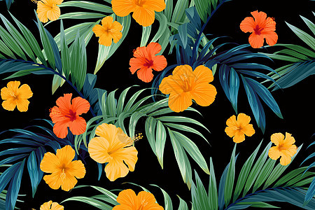 无缝手牵引热带矢量模式 有明亮的象皮花和深色背景的外来棕榈叶墙纸艺术打印叶子植物森林织物丛林橙子异国图片
