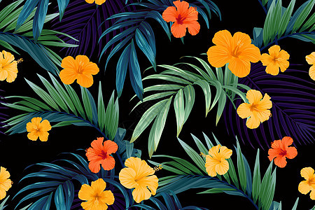 无缝手牵引热带矢量模式 有明亮的象皮花和深色背景的外来棕榈叶森林插图打印树叶橙子丛林异国情调叶子木槿图片