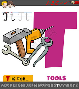 带有卡通工具对象的字母表 T图片