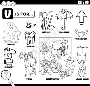 字母 u 字词 教育性设置彩色书页页面动物工作资产语言工作簿染色小便孩子们倒挂餐具图片