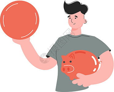 一个人手握着一枚硬币和一头小猪银行 肩膀深厚 孤立无援 演示内容 网站图片