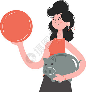 一个女人手握着硬币和小猪银行的腰部深厚 孤立无援 演示内容 网站图片