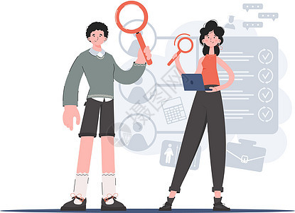 一个男人和一个女人站在他们手中拿着一个放大镜完全成长 人力资源 演示文稿 网站的元素图片