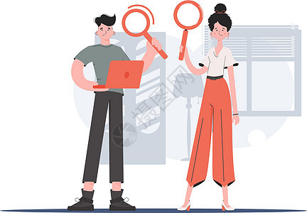 一个男人和一个女人站在他们手中拿着一个放大镜完全成长 搜索 演示文稿 网站的元素图片
