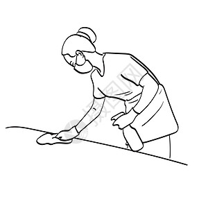 身戴面罩和手套在室内打扫家中的女管家 用白色背景线艺术脱落的插图式矢量手图片