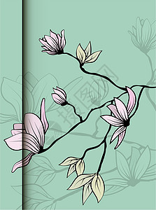粉红色玉兰枝的复古素描特写 绿色背景上的叶子用于装饰设计 矢量浪漫花卉插画 春天的背景 手绘插图图片