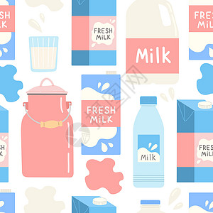 牛奶乳奶制品无缝丝型平板设计矢量卡通片产品饮食白色奶制品插图乳品月瓶子酸奶早餐图片