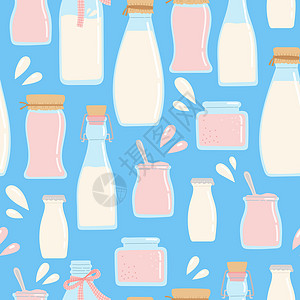牛奶乳奶制品无缝丝型平板设计矢量营养插图奶制品玻璃卡通片瓶子全国产品酸奶农场图片