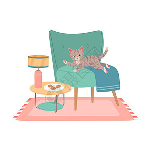 现代椅子平板设计矢量上的猫家具房间小猫平面房子扶手椅插图宠物卡通片动物背景图片