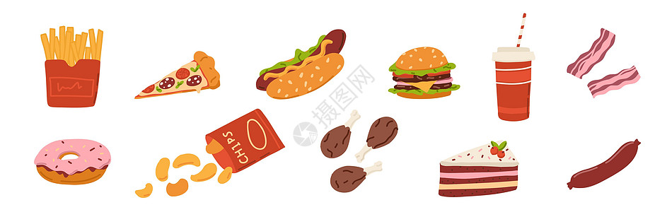 不健康的食品 汉堡薯片快餐包 矢量零食卡通概念图片