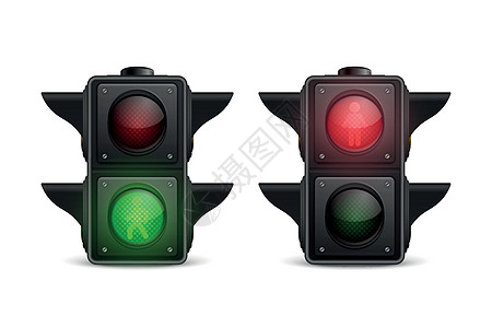 矢量 3d 逼真详细道路交通灯图标集隔离 安全规则概念 设计模板 红绿灯 用红灯和黄灯打开交通灯 行人交通灯城市横幅导航插图控制图片