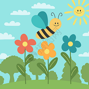 天然背景中的小蜜蜂与鲜花和树木相配野花草地艺术叶子微笑邀请函花园蜜蜂蚂蚁昆虫图片