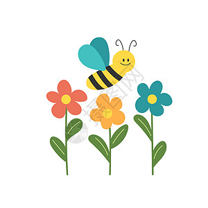 白色背景的鲜花小蜜蜂可爱 儿童用矢量动物花朵昆虫天空荒野蚂蚁蜜蜂邀请函叶子孩子图片