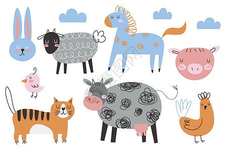 可爱的农场动物收藏 牛 猪 羊的彩色矢量插图 具有纹理效果 孤立在白色背景上的彩色涂鸦绘图 带表情的家畜 EPS图片