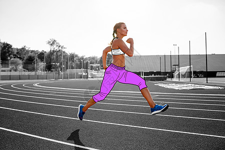 穿着卡通体育服装的女运动员正在一个专业体育场的赛道上运行天空动机竞赛拼贴画运动装速度肌肉场地衣服力量图片