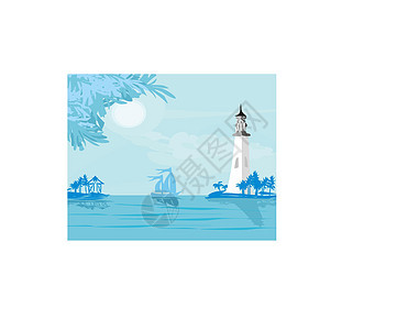 灯塔从一个小海滩上看到波浪天空插图旅游阳光光束海洋海岸海报航海图片