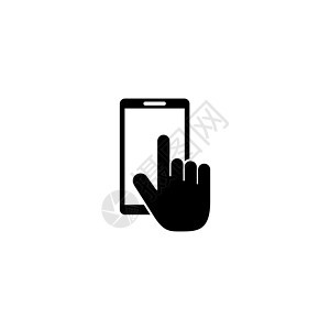 人类的手触摸智能手机屏幕上 平面矢量图标说明 白色背景上的简单黑色符号 用于网络和移动 UI 元素的智能手机屏幕标志设计模板上的图片