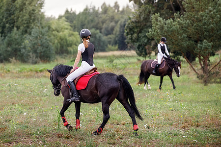 两个骑马女孩在乡下草地骑马骑术女骑士场地马术女性冠军舞步骏马马背骑师图片