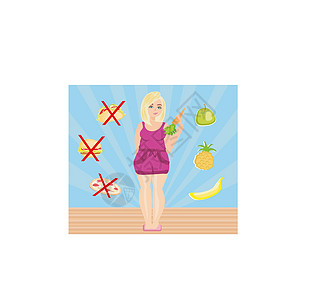 妇女在健康食品与不健康食品之间做出选择卡通片重量插图水果热狗肥胖饮食女性香椿禁令图片