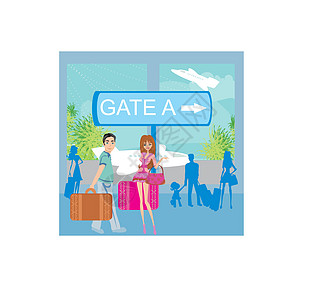 机场光束行李女士飞机场父母孩子海报旅行飞机酒店图片